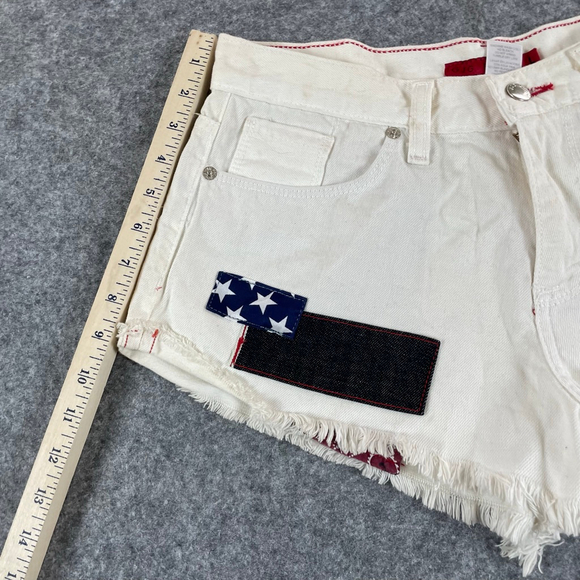 USA Flag Patch Denim Cutoff Shorts Womens L Selvedge Festival Y2K - Picture 12 of 12